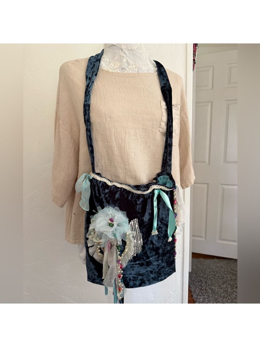 Handmade Blue Crushed Velvet Crossbody Bag - Picture 2 of 12